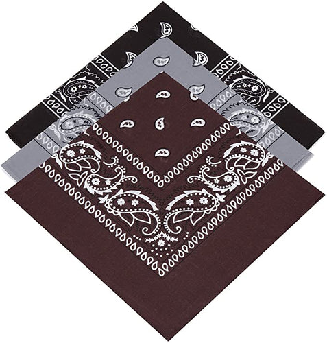 3 Pack Bandana - Black, Grey & Dark Brown Paisley Bandanas 100% Cotton