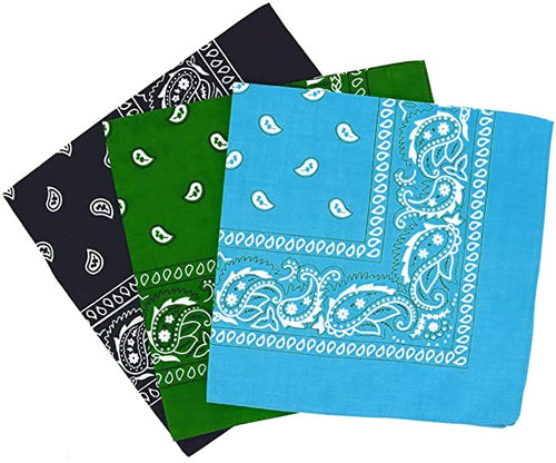 3 Pack Bandana - Black, Green & Sky Blue Paisley Bandanas 100% Cotton