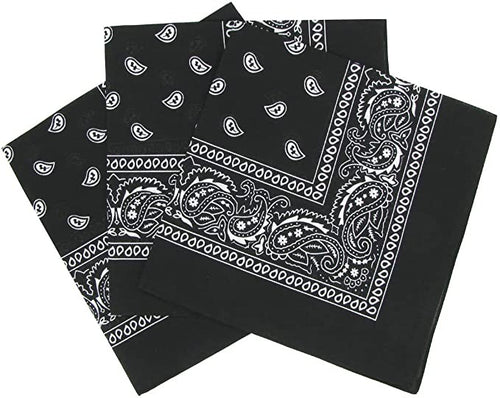 3 Pack Bandana - Black Paisley Bandanas 100% Cotton